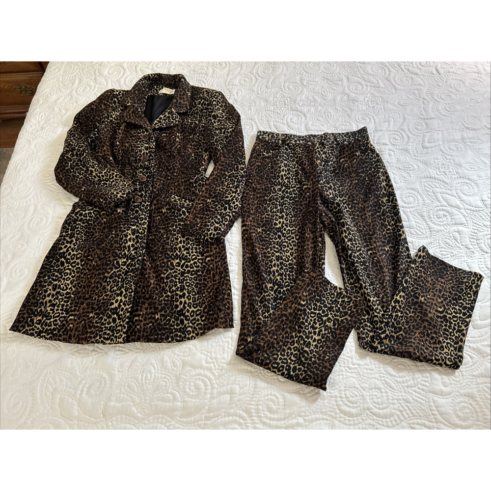 VTG Gantos Womens 6 Leopard Brown Black Jacket Long Duster Blazer Pants Set USA